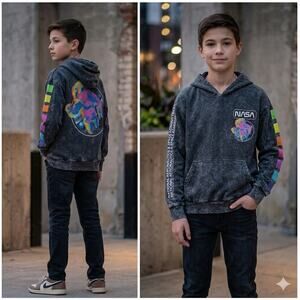 Hyper Space NASA Black Acid Wash Retro Style Hoodie Sweatshirt Size Small